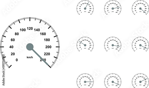 Vector set of speedometer gauges with one large and several smaller dials isolated on transparent background