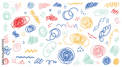 Colorful hand-drawn doodles and scribbles in red, blue, green, and yellow on white background