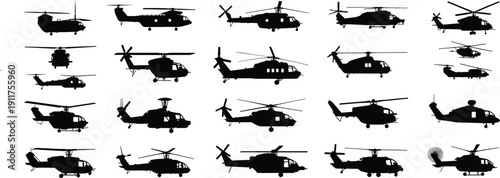 Helicopter silhouette illustration set, aviation icon artwork, aircraft vector design, rotorcraft graphic pack, military symbol collection, black and white sketch