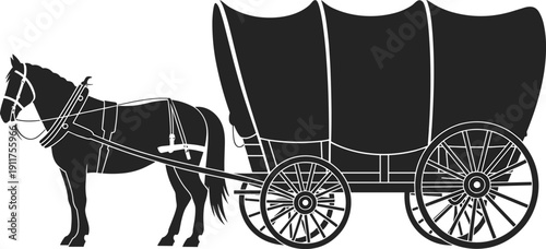 Horse‑drawn covered wagon silhouette illustration, vintage frontier transport graphic, prairie schooner design, historical migration motif, antique travel concept art
