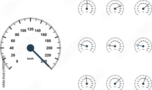 Set of speedometer gauges with varying needle positions isolated on transparent background