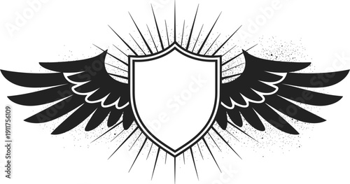 Blank shield vector illustration with wings and sunburst, showing security, protection, freedom, power and heraldic emblem