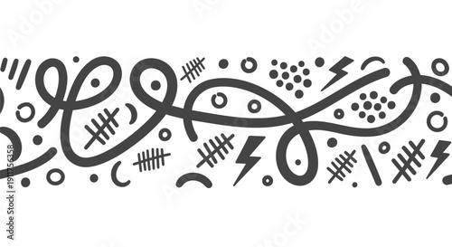 A black and white vector graphic border featuring various shapes and symbols isolated on a transparent background