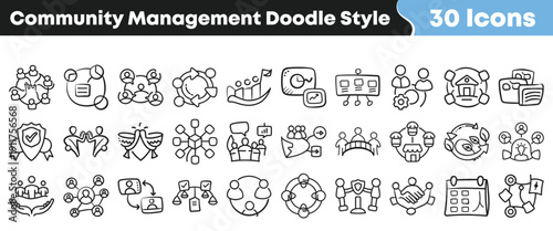 Collection of thirty hand drawn doodle style icons representing various aspects of modern community management and social engagement strategies