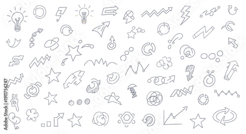 A collection of various vector icons including stars, light bulbs, graphs, and other symbols isolated on transparent background
