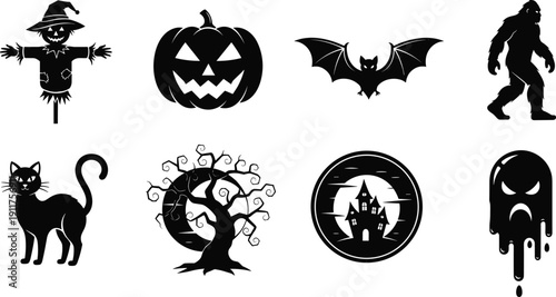 Halloween Silhouette Set Featuring Scarecrow Jack O Lantern Bat Bigfoot Cat Haunted House and Spooky Ghost for Holiday Party Decor, cad drawing flat vector illustration