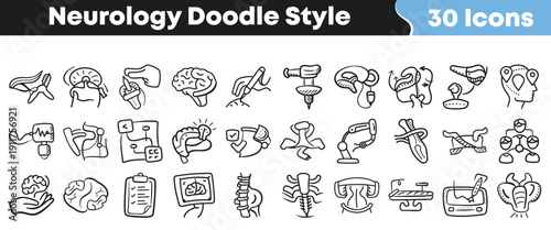 Collection of thirty unique black and white doodle style icons representing various concepts within neurology and brain science research applications