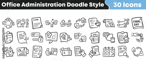 Collection of thirty hand drawn doodle style icons representing various essential elements of office administration and documentation processes