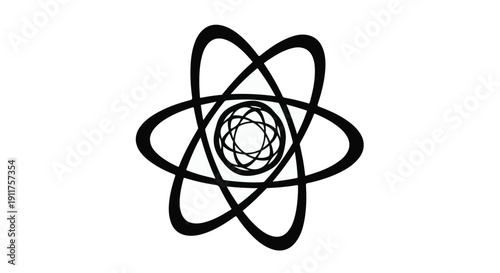 Modern black line art atomic structure scientific symbol illustration on white background for educational and chemistry concepts