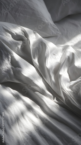 Crumpled white cotton sheet sunlight texture bedroom softness morning calm