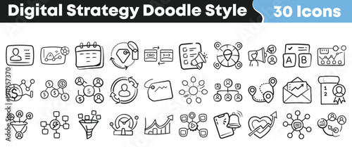 Hand drawn doodle style set of thirty digital strategy marketing icons representing various business planning and analytical concepts clearly.