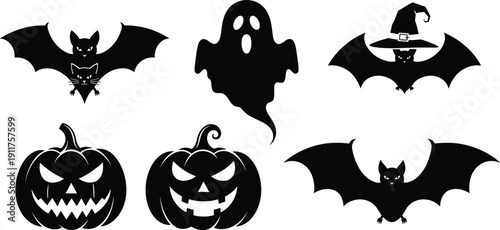 Halloween Silhouette Set Featuring Spooky Ghosts Flying Bats and Scary Jack O Lantern Pumpkins for Holiday Party Decor and Invitations, cad drawing flat vector illustration