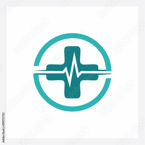 Cross Health Care Symbol with Heartbeat Line and Circular Frame, Medical Icon