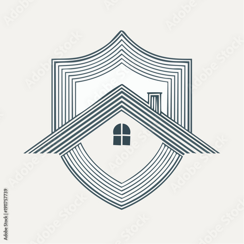 Minimalist graphic emblem of a residential house protected by a shield, symbolizing home security and property insurance concept