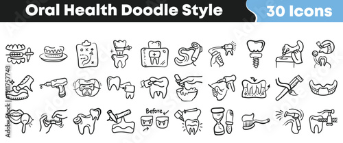 Thirty hand drawn doodle style icons representing various aspects of oral health dental care procedures and treatments in black outline