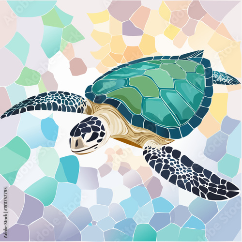 Underwater mosaic art of a sea turtle swimming in clear blue water