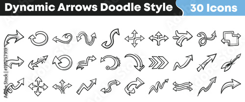 Collection of thirty dynamic hand drawn arrow icons in a fun doodle sketch style representing direction and navigation