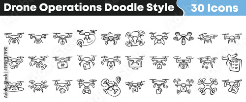 Collection of thirty unique drone operations icons rendered in a charming and detailed doodle sketch style for technology projects