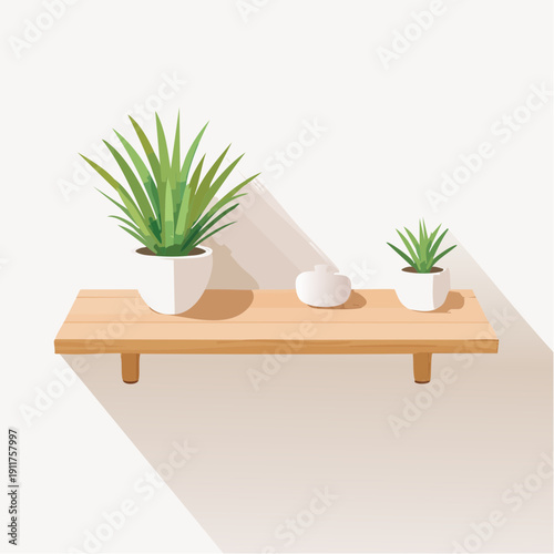 Minimalist Wooden Shelf with Potted Plants and Decorative Object