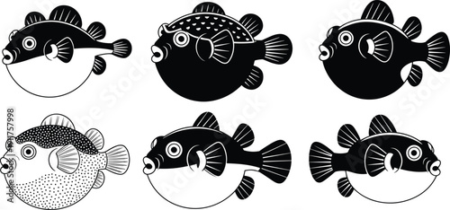 Black and white puffer fish silhouettes set featuring cute marine animals in minimalist vector illustration for ocean wildlife and aquatic design projects