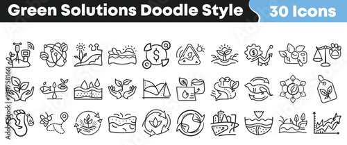 Collection of thirty hand-drawn doodle style icons representing various essential green solutions for environmental sustainability concepts