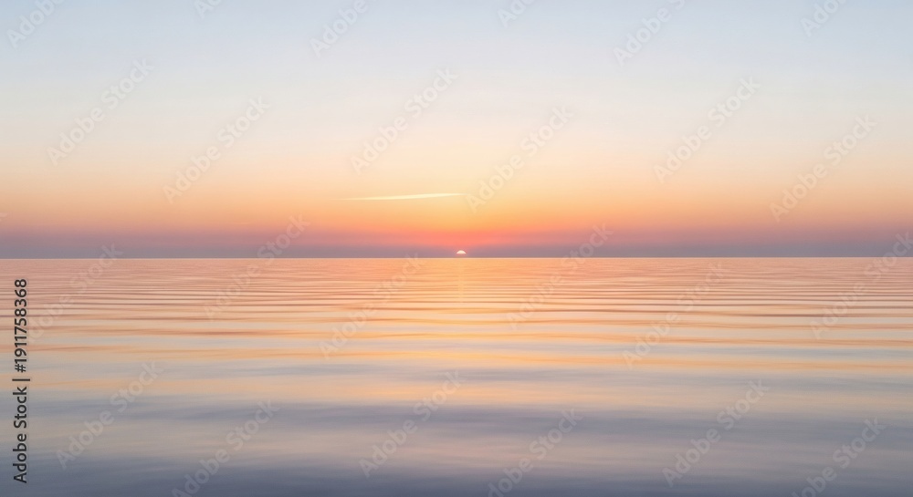Obraz premium Serene seascape at dawn with smooth water and subtle wave patterns. Warm sunrise colors blend into a clear sky.