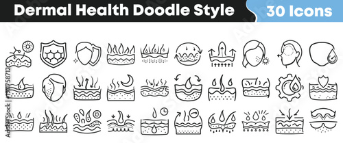 Collection of thirty hand drawn dermal health and skin care concept icons illustrating various dermatological treatments and biological processes.