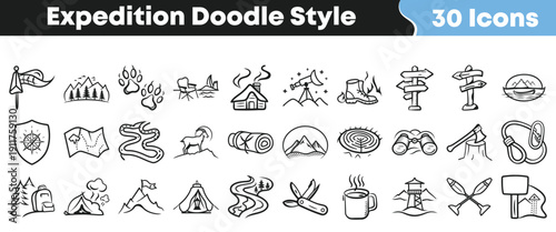 Collection of thirty hand drawn doodle style icons representing various elements essential for a successful outdoor expedition and nature adventure