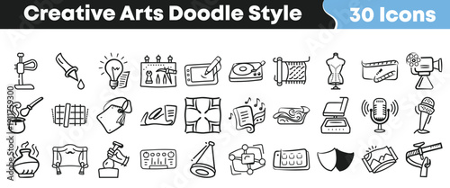 Collection of thirty hand drawn creative arts doodle style icons representing various artistic media and tools for design projects