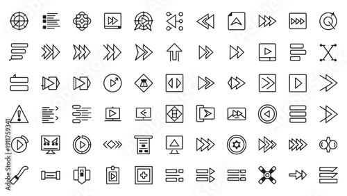 Collection of Outline UI/UX Icons with Arrows and Media Controls for Digital Interfaces
