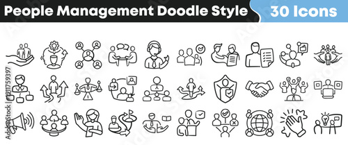 Collection of thirty hand drawn doodle style icons representing various concepts central to effective people management and team collaboration in business.