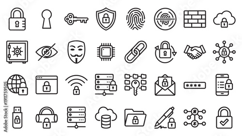 Cybersecurity and Data Protection Outline Icons Set for Digital Security