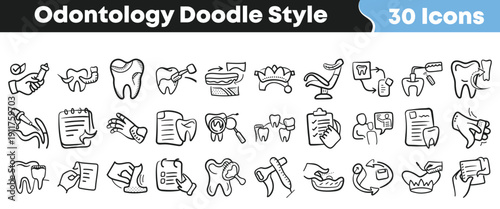 Collection of thirty odontological doodle style icons representing various aspects of dental care procedures and equipment for medical design