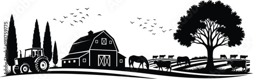 Rural farm landscape silhouette with barn tractor cattle and trees, peaceful countryside agriculture scene, traditional farming life illustration isolated on white background