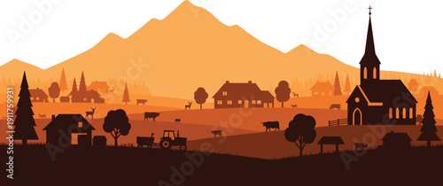 Rural countryside landscape illustration, peaceful farming village scene, rolling hills and mountains, 