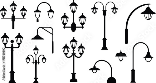 Collection of vintage and modern street lamp silhouettes with decorative lantern designs, classic urban lamppost set isolated on 