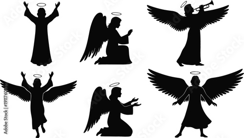 Spiritual angel silhouette set featuring celestial figures with wings and halos in various poses including praying, playing trumpet, and rejoicing on white.