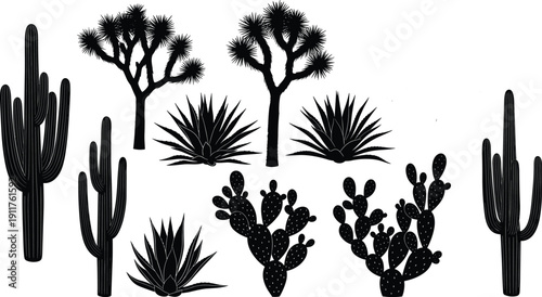 Set of desert plant silhouettes including saguaro cactus, prickly pear, agave, and Joshua trees, wild western nature icons isolated on white, vector.