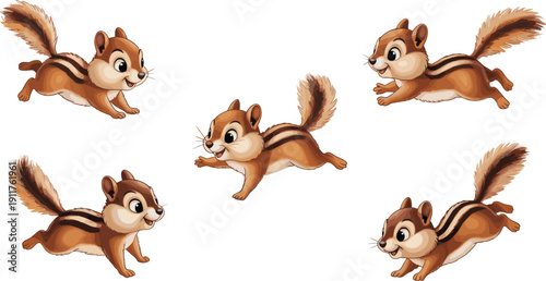 Cute chipmunk illustration set showing playful jumping and running poses isolated on white background, cartoon woodland animal collection for kids design
