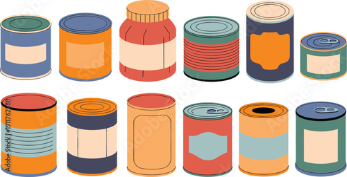 Large collection of canned food tin cans and jars with blank labels in various colors for grocery pantry storage and emergency food supplies.