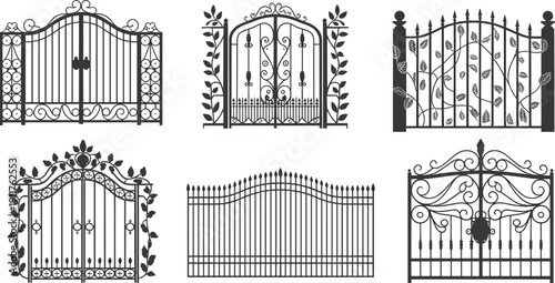 Decorative wrought iron gate collection featuring ornate metal fence designs, vintage garden entrances and elegant architectural elements in black silhouette vector illustration set