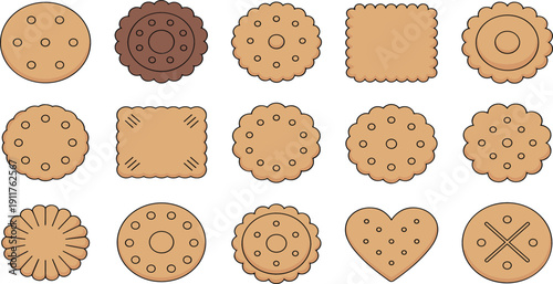 Detailed vector illustration set of various delicious biscuits and cookies in different shapes like round heart and square isolated on white background for bakery and cafe.