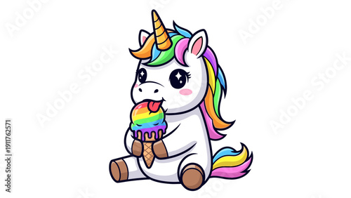 Cartoon Unicorn Eating Rainbow Ice Cream.
