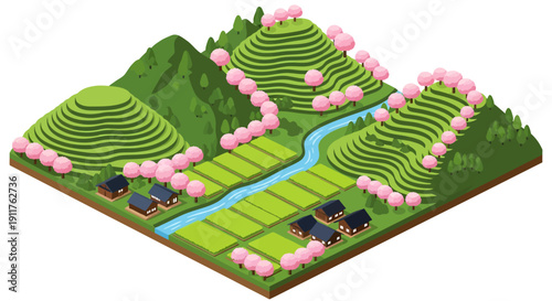 Lush green terraces and neatly arranged fields surround a winding blue river in this idyllic isometric landscape, dotted with traditional cottages and lined with blooming pink cherry blossom trees