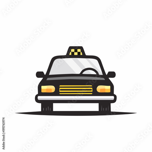 Front view of a stylized black taxi cab illustration with a yellow and black roof sign, representing urban transportation services