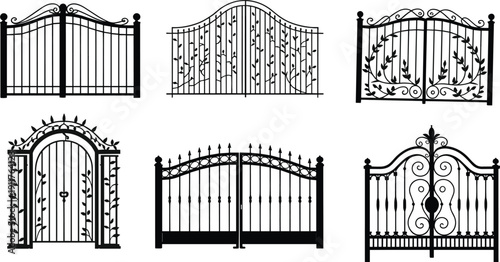 Elegant wrought iron gates collection featuring ornate scrollwork, decorative finials, and intricate architectural designs for exterior entrances, fences, and garden landscapes