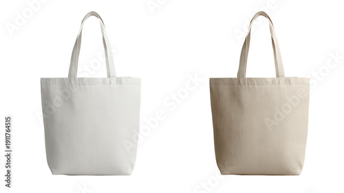 Two tote bags, one off-white, one tan, side-by-side against a dark background