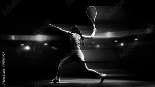 Bold mixed media. Female tennis athlete executing extended forehand swing. Concept of sports marketing visuals, tournament advertising, athletic apparel campaigns and fitness branding.