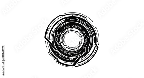 Abstract circular mechanical design with central hole, technical illustration of industrial washer or nut, black and white technical drawing