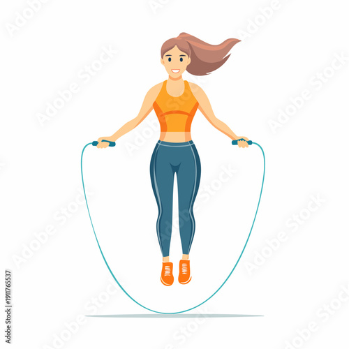 A vibrant cartoon illustration depicts a smiling young woman actively engaged in a fitness jump rope workout, symbolizing health and active lifestyle